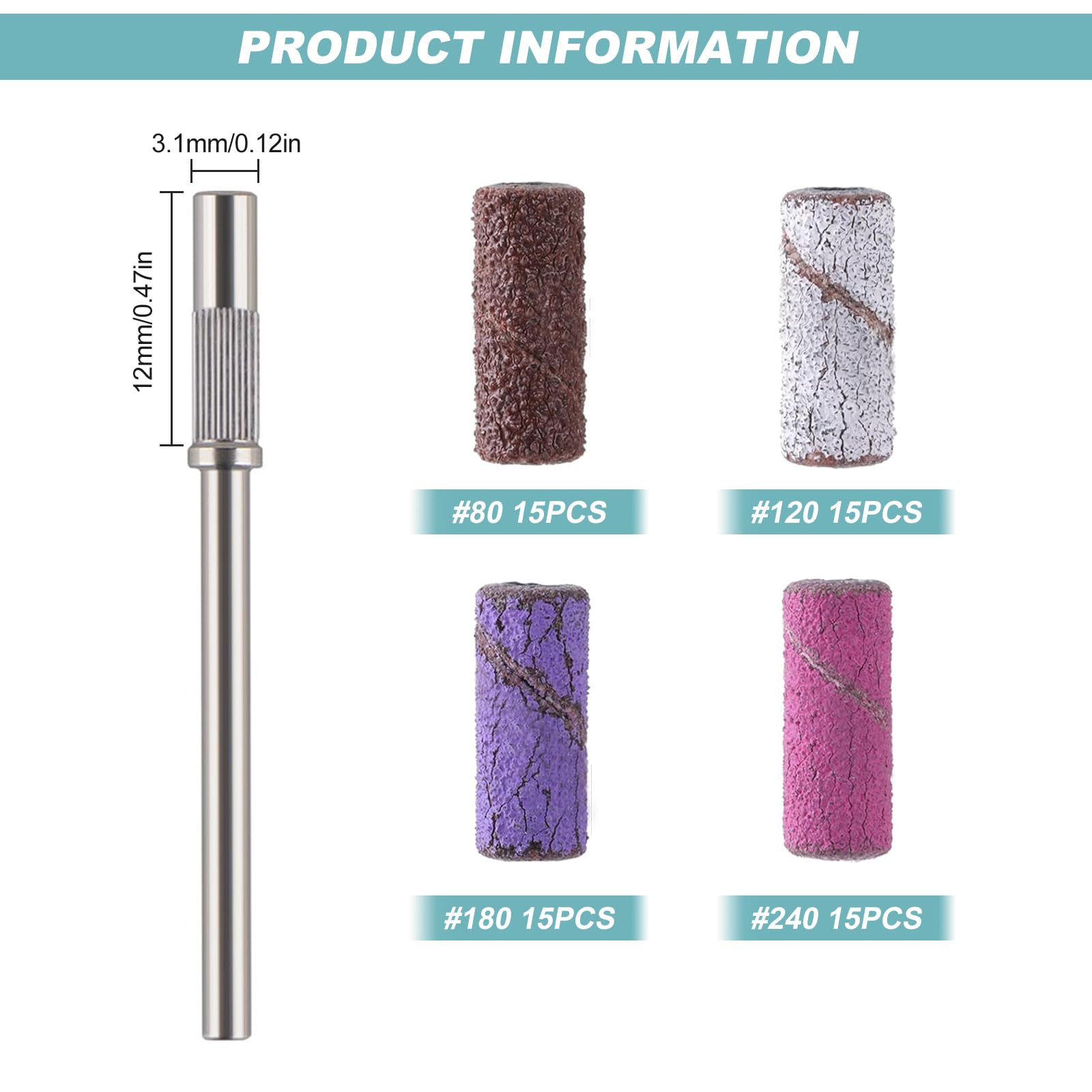 Oruola – Lot De 60 Bandes Abrasives Pour Perceuse à Ongles – Grains 80# 120# 180# 240# – Pour Acrylique, Gel, Modelage – Avec Mandrin 3,1 Mm – Manucure & Pédicure - 13