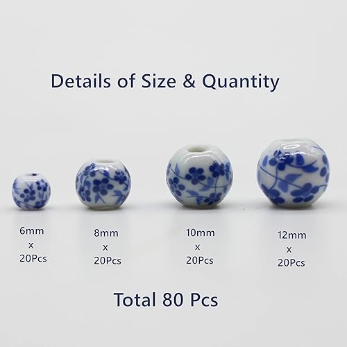 Miniatura 3 de Cuentas redondas de porcelana de cerámica para hacer joyas, tamaños surtidos de 0.236 in, 0.315 in, 0.394 in, 0.472 in, total de 80 cuentas