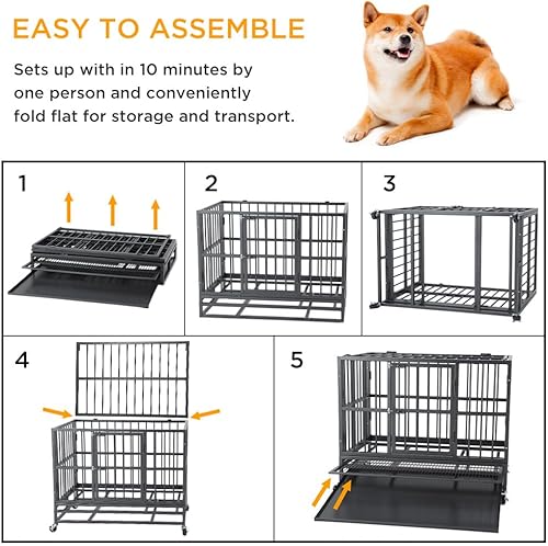 Miniatura 4 de Jaula de acero indestructible resistente de 42 pulgadas para perros, a prueba de escape, jaula de alta ansiedad para interiores, perrera con ruedas,