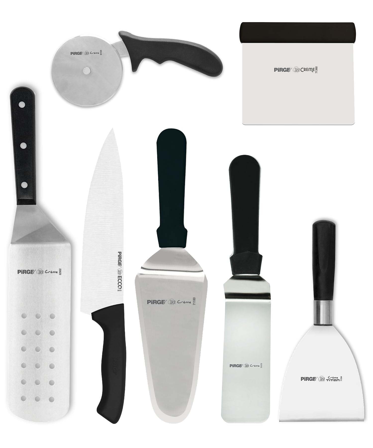 Set di utensili per pizzeria Pirge - Set professionale in acciaio inox da 7 pezzi per pizzaioli - Rotella per pizza, spatola, raschietto per impasto, coltello da chef e altro - Manico ergonomico