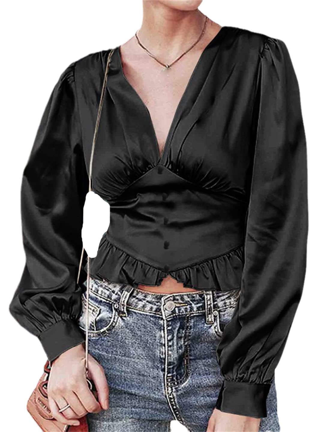 Femmes Soie Satin à Volants Chemise été bouffée à Manches Longues col en V Tuniques décontracté Ample plissé Blouses Black L