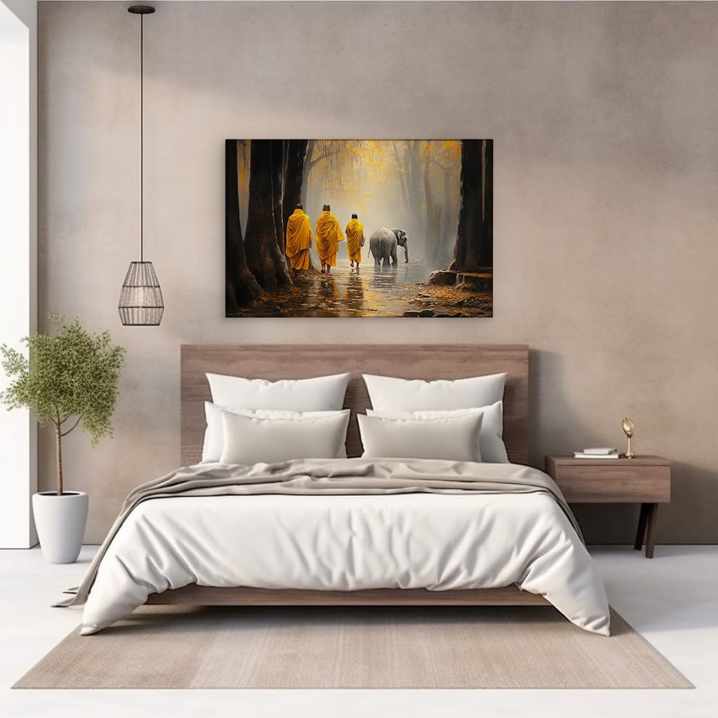 Canvas for Living room. Mystic March in Mist: Monks and Elephants in Harmonious Forest Procession, 27 x 18 inch Canvas Wall Art - Nature Home Decor
