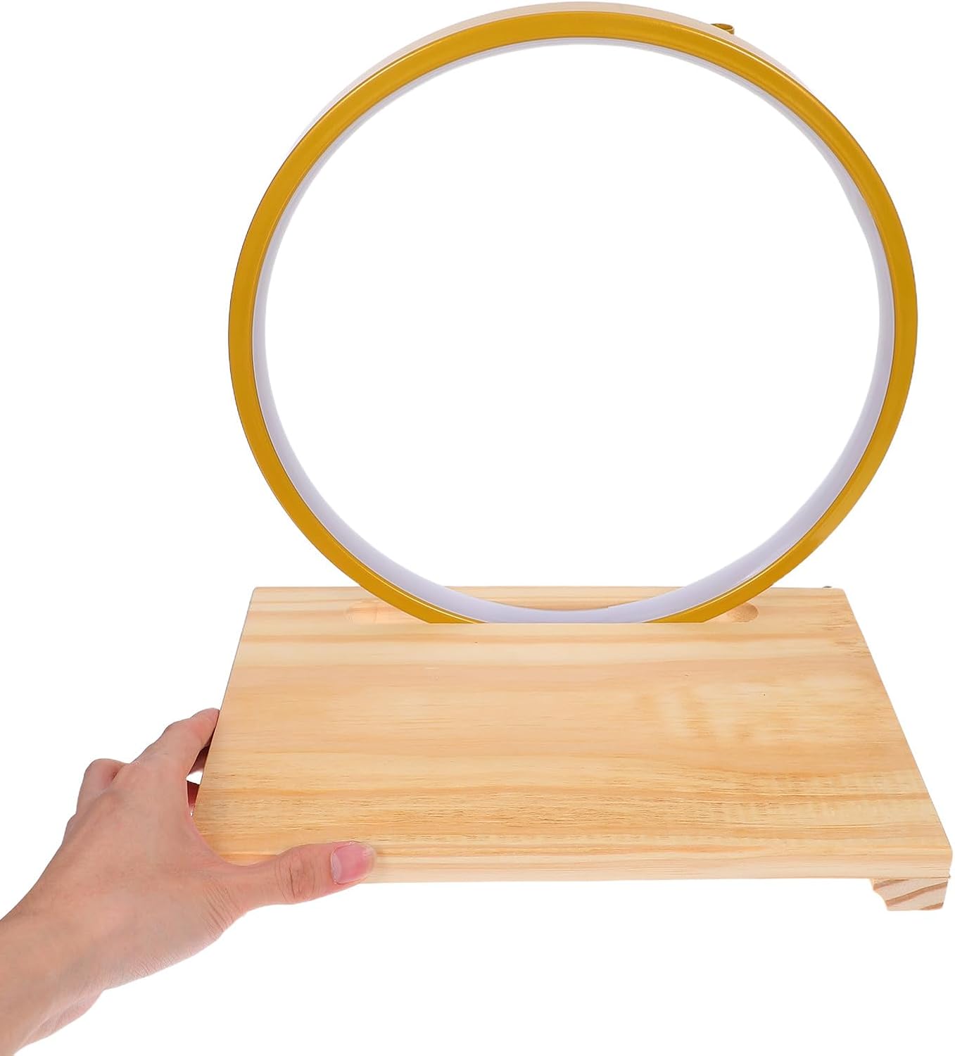 Lighted Wooden Display Pedestal Stand with LED Lighted Base, 30cm Diameter Gold Circle Sculpture Base on Natural Wood, Zen Buddha Statue Display for Office Tea Table Entryway Decor