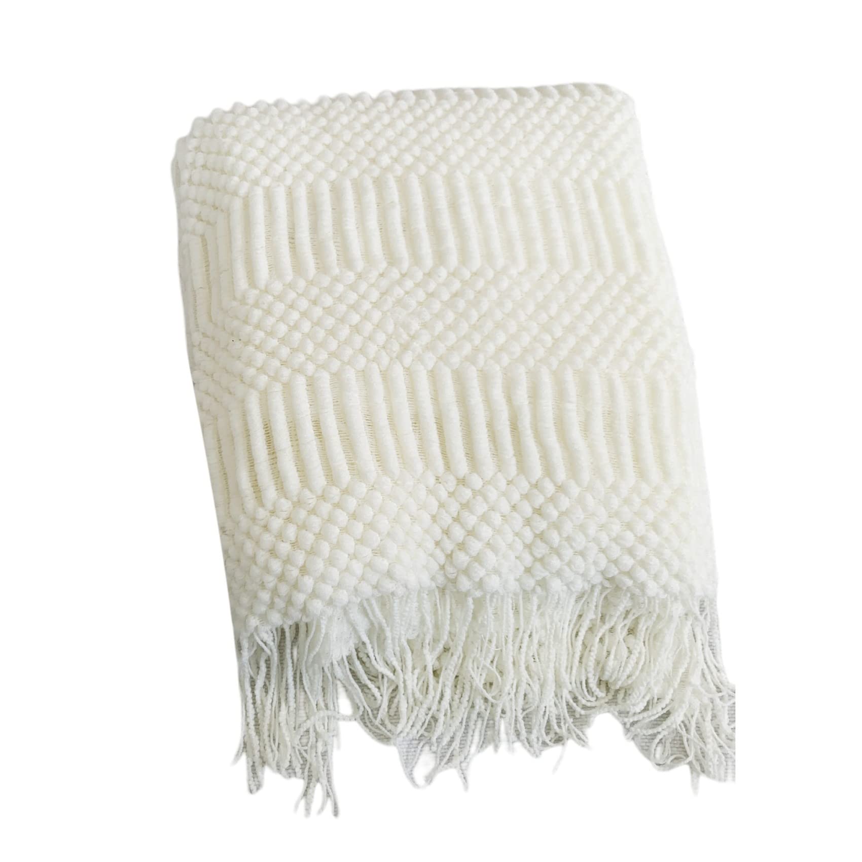 Couverture tricotée avec franges tassels plaid blanc crème cosy lazy