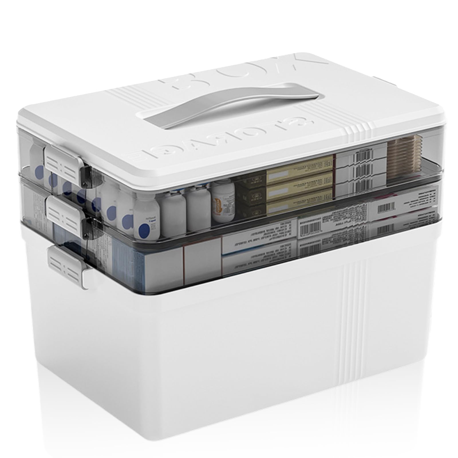 Boîte à pharmacie à 3 étages, Medicaments Rangement Portable Boîte à Pharmacie en Plastique Transparent Visible avec Poignées pour Votre Médecine Domestique 34×25×22 cm
