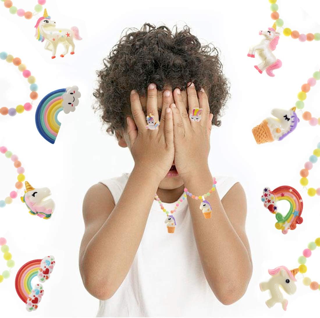 ShaqMars 24 Pcs Girl Princess Necklace Bracelet and Rings with Colorful Unicorn Rainbow Pendant Kids Stretchy Chunky Costume Jewelry Gift Party Favors Dress up Jewelry for Little Girl Toddler : Toys & Games