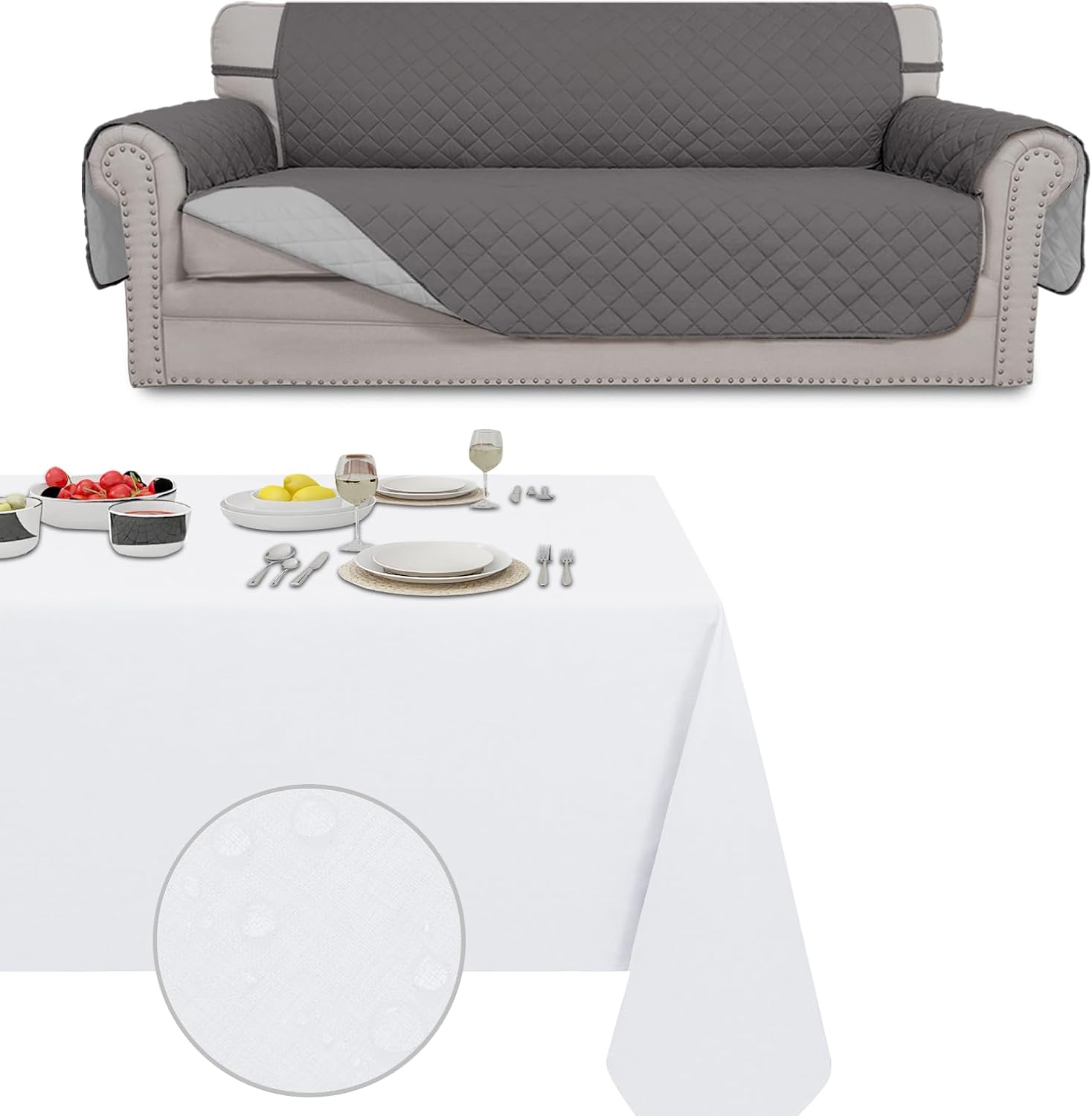 Easy-Going Product Bundles Gray Sofa Cover and White Tablecloth