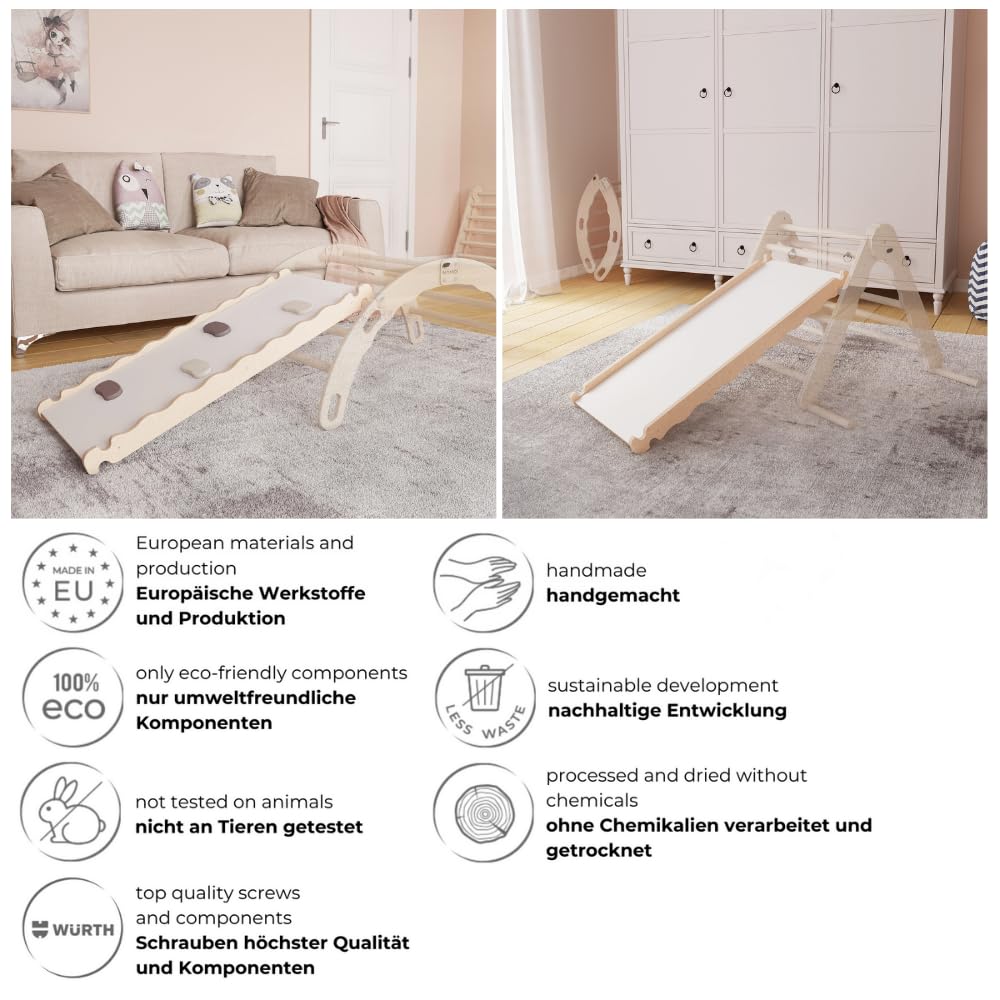MAMOI® Rutsche Indoor, Rutschbrett für Klettergerüst, Kinderrutsche aus Holz für Kletterdreieck und Kletterbogen, Holzrutsche/Yarnwood für Baby ab 1 Jahr und 2/3 Jahre, Montessori