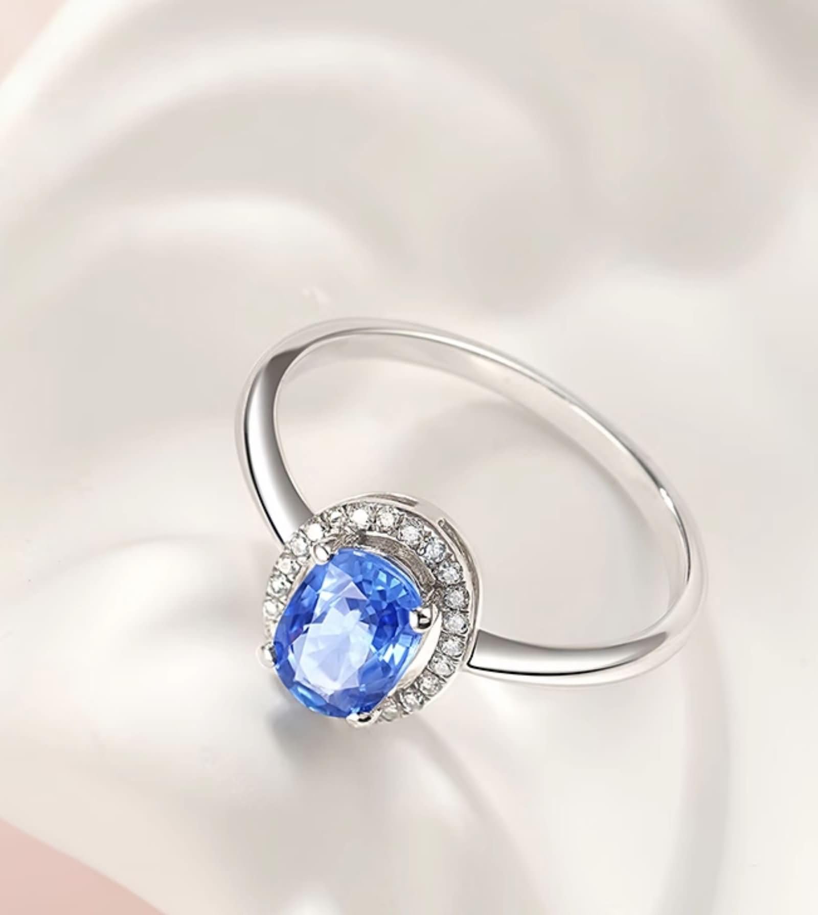 Anillos Boda Oro Blanco 9 Kilates / 14 Kilates / 18 Kilates Mujer, 4 Garras Oval con Zafiro de 1 ct y Diamante de 0,09 ct, Anillos de Plata Azul Boda Mujer