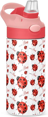 ALAZA Botellas de agua para niños con tapa con diseño de mariquita con diseño de insectos divertidos y pajita, botellas de agua de acero inoxidable