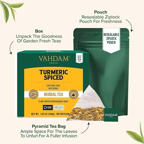 Miniatura 3 de VAHDAM Té de hierbas orgánico con especias de cúrcuma 100 bolsas de té  Orgánico certificado USDA  Polvo de cúrcuma y especias frescas  Té de