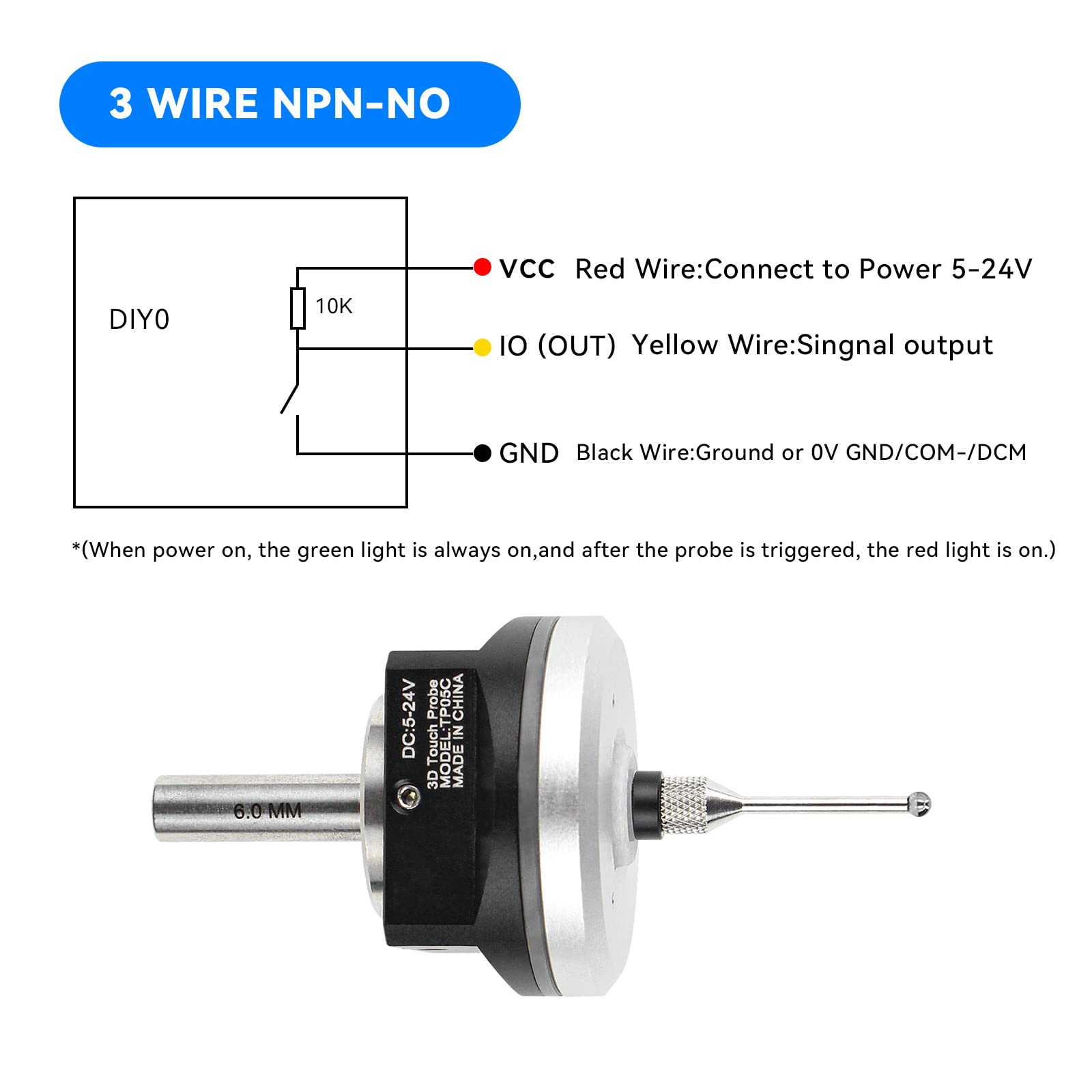 RATTMMOTOR Kantentaster,3D-Taster Kantensucher,CNC Messtaster Werkzeuglängensensor,DC 5–24 V,6mm Schaft,mit 2M-Kabel, kompatibel mit CNC Mach3 und GRBL (V5-Serie)