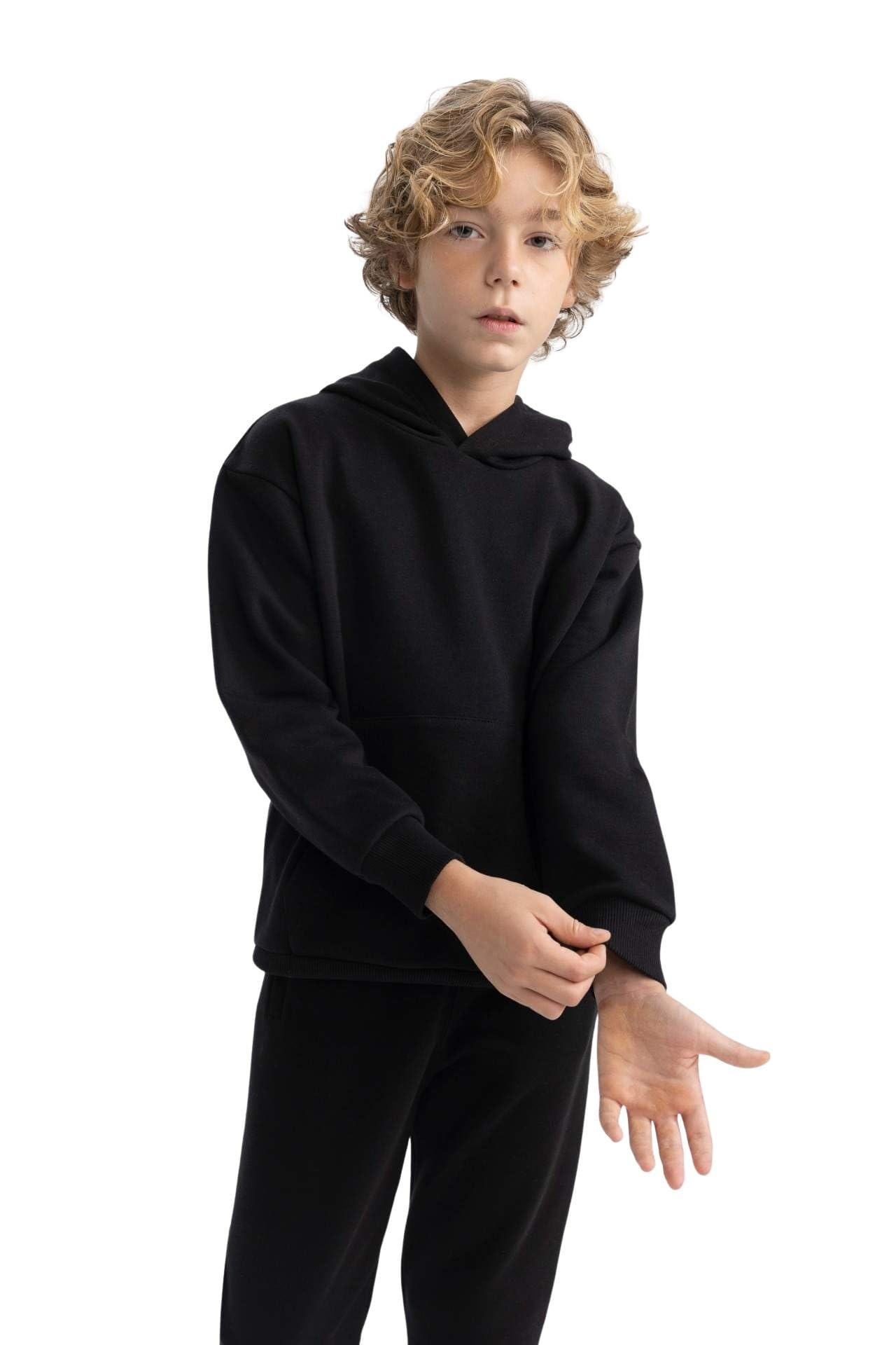Erkek Çocuk Basic Düz Kapüşonlu Sweatshirt
