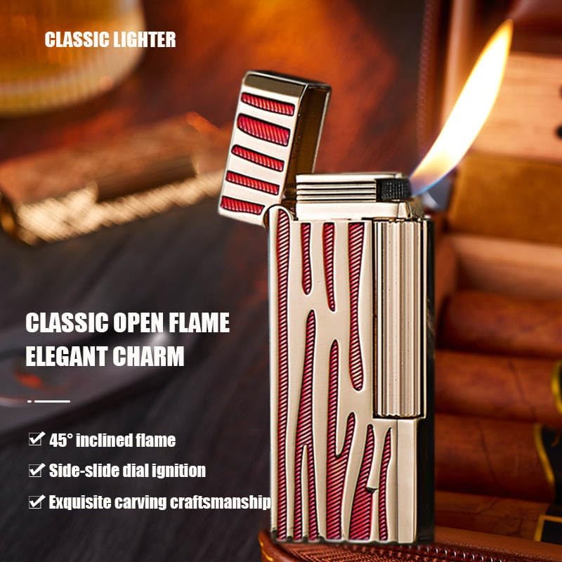 Classic Narrow Butane Lighter Metal Side Slide Lgnition Refillable Soft Flame Lighter for Women and Men Collection (Silver Red)
