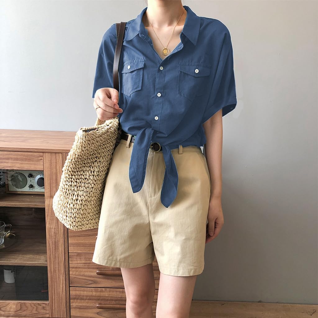 AEURPLT Women's Button Down Shirt Tie Front Short Sleeve Office Business Blouse Sheer Summer Casual Tops - Image 2