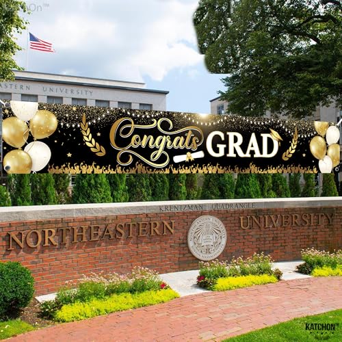 Image of Graduation Decorations 2026 | Xtralarge Black and Gold Congrats Grad Banner - 120x20 Inch | Graduation Banner | Black and Gold Graduation Yard Banner For Class Of 2026 | KatchOn