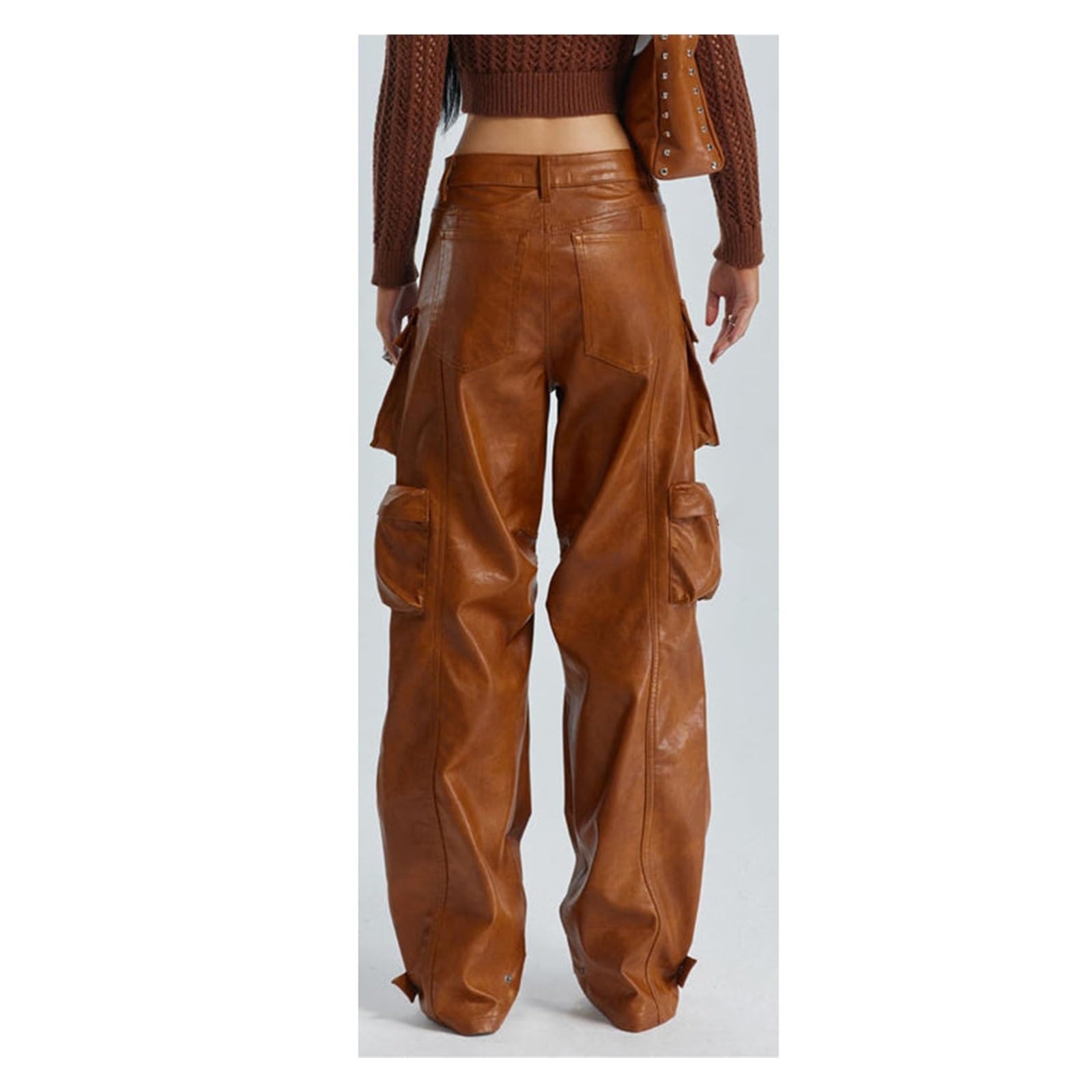 WEITING Frauen Faux PU Leder Hosen Einfarbig Hohe Taille Bein Hosen Mit Taschen Vintage Ästhetische Hosen Streetwear Lederhose