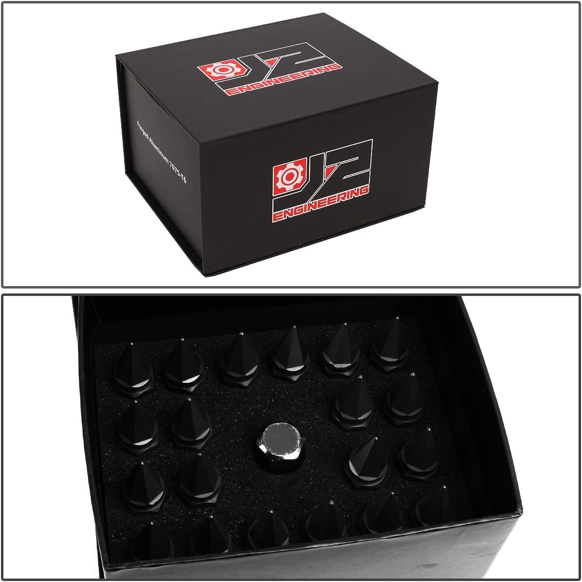 J2 Engineering LN-T7-020-15-BK Black 7075 Aluminum M12 x 1.5 20Pcs L: 75mm Spiky Cap Lug Nut w/Adapter