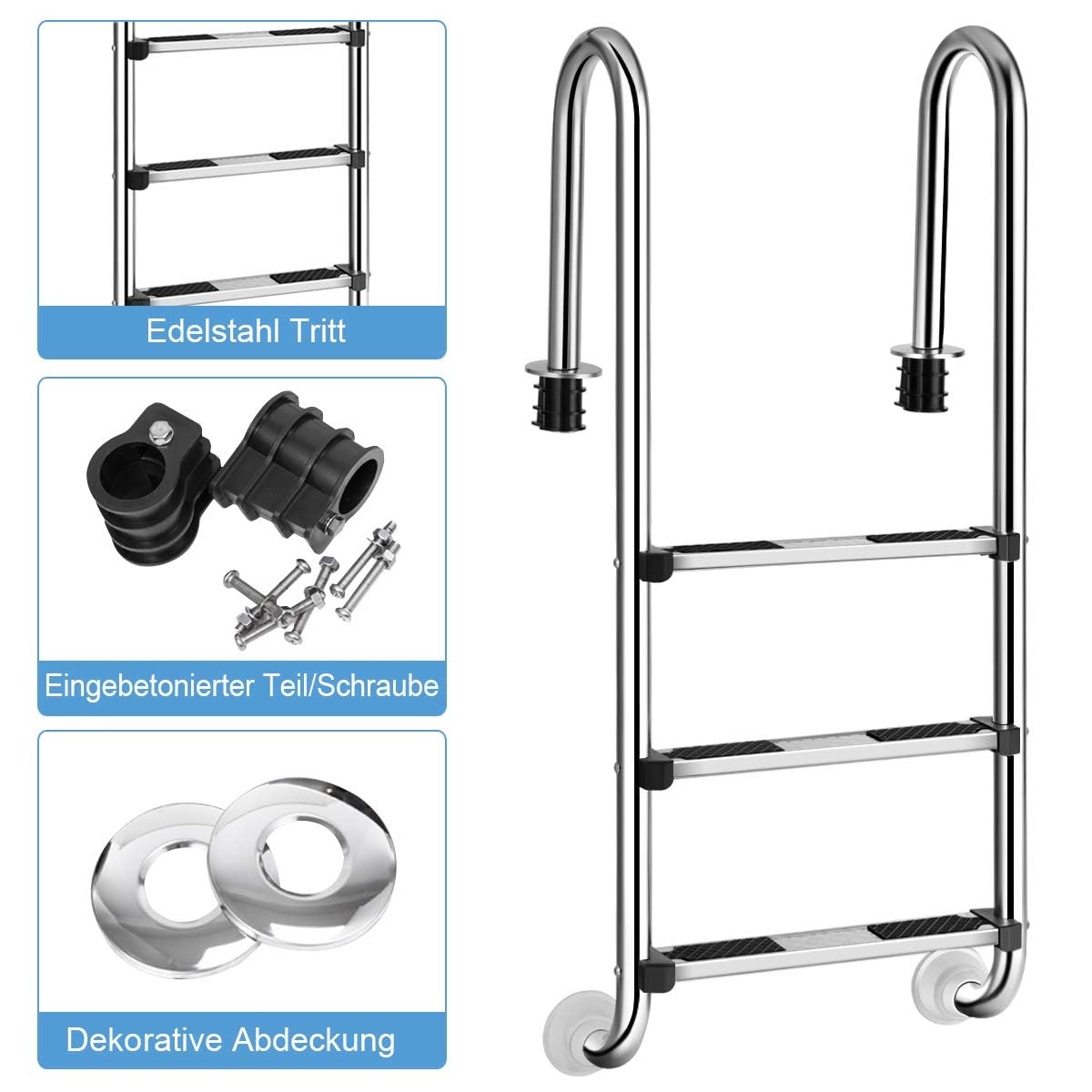 FANTASK Échelle de Piscine en Acier Inoxydable Poli - Antidérapante - 132 x 50 x 26 cm