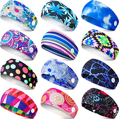 12 Pieces Button Headband Elastic Yoga Sports Hairbands Non-slip Ear Protection Holder Headband Multifunctional Hairband Turban Headwrap for Sports Yoga Hair Accessories