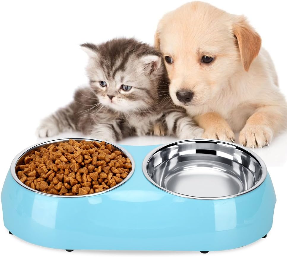 Luase Pet Dog Bowl Food Water Dish Feeder Stainless Steel Feeder Pet Dog Double Bowls (Medium, Blue)