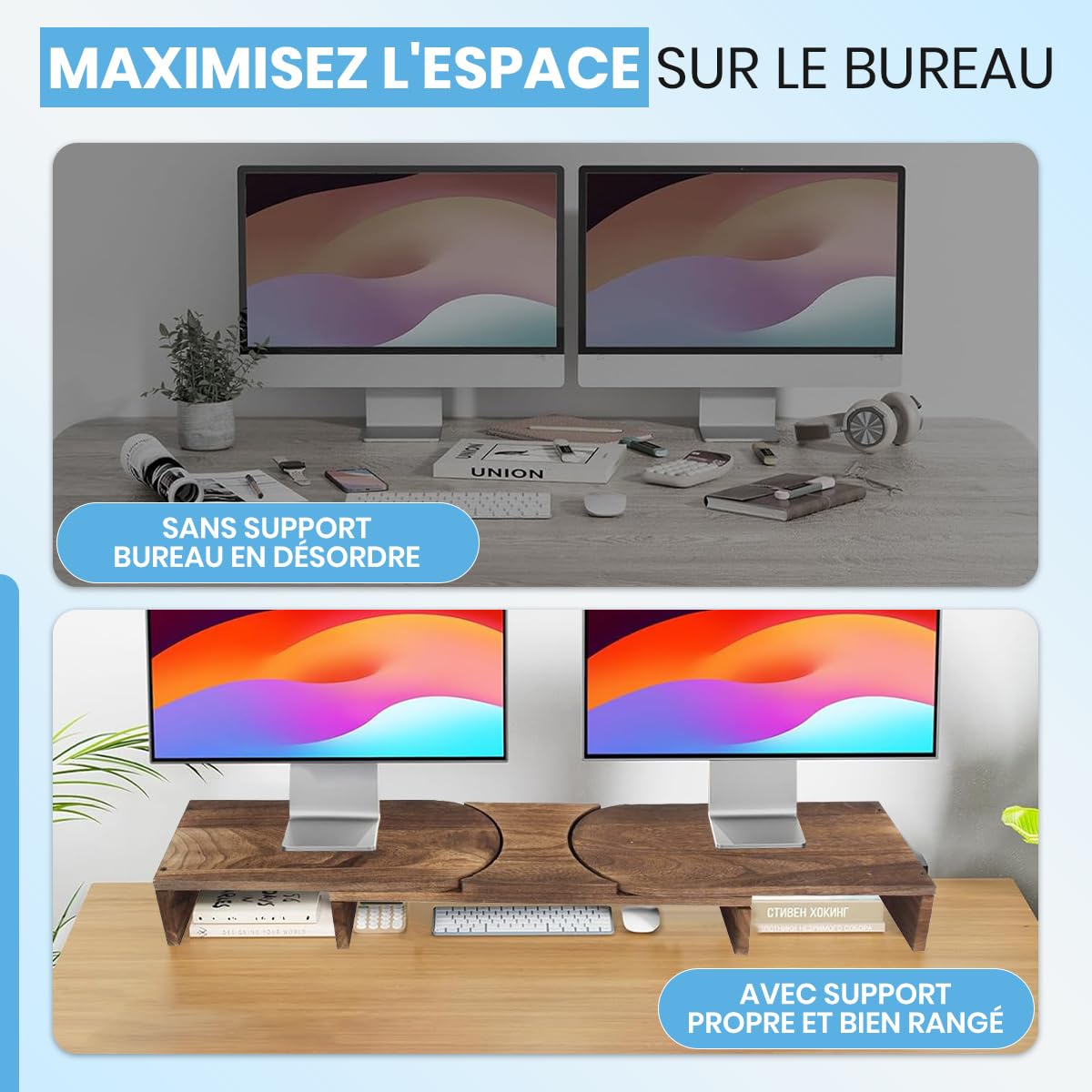 Fleau Rehausseur d'écran réglable Home - Support pour ordinateur portable - Organiseur de bureau ergonomique - Support pour deux écrans avec tiroir - Rehausseur - Bois
