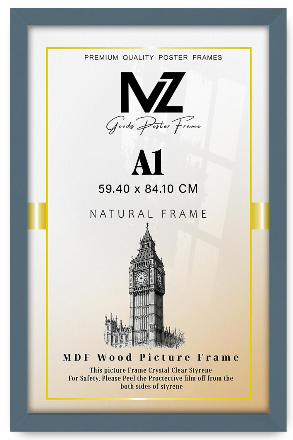 MZ Goods - Classic and Elegant Rectangle Poster/Picture A1 Solid Eton Wood Finish | Hanging Hooks – 33 x 23 Inch Perfect for Portrait/Landscape Display [ Dark Grey, A1 Frame ]