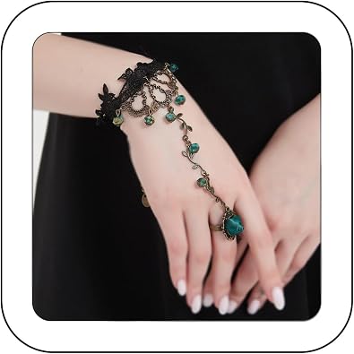 Gothic Black Lace Slave Bracelet with Finger Ring Vintage Colour Gemstone Woven Bracelet Punk Green Gemstones Pendant Black Lace Hand Chain for Women