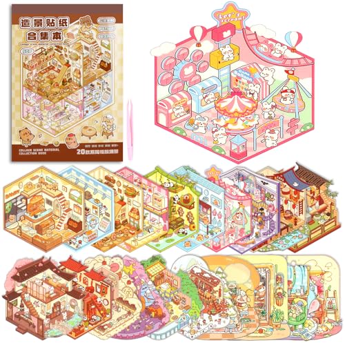 Honosen 20 Sets DIY 3D House Stickers Scene Kit 3D Miniature Scene Sticker Book Stress Relief Creative Sticker Book with Tweezers Miniature Stickers for Kids and Adults