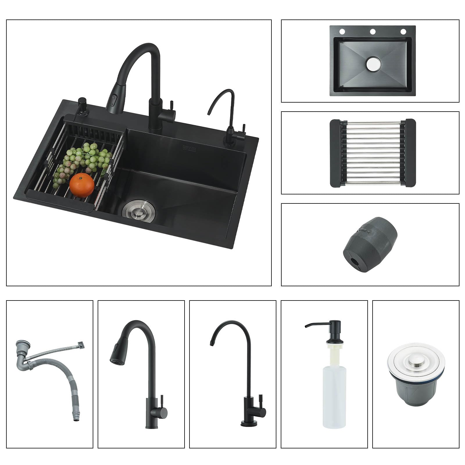 Evier Inox avec Egouttoir et évier mobile,lavabo cuisine avecavec Trous pour Robinets et Distributeur de Savon Panier à vaisselle 1 pc55*45 * 20cm Noir