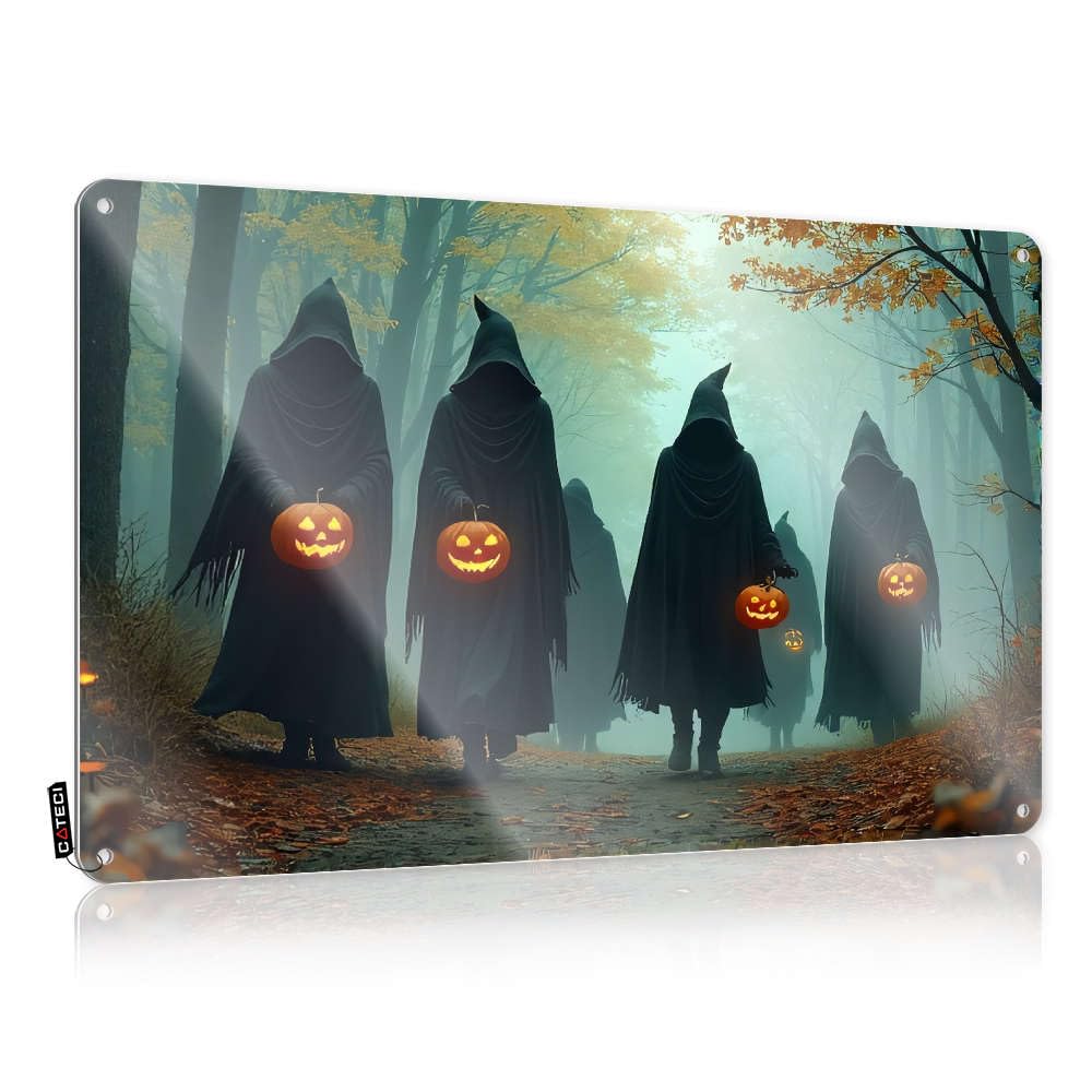 Sujd Colour Farmhouse Signs Sarcastic Clock Graduation Five Hooded Figures Carry Glowing Jack-O'-Lanterns In A Misty Forest. - Vintage Wall Decor For Checkout(30X40cm)