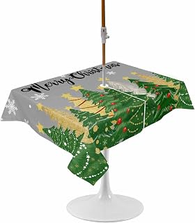 Green Christmas Tree Outdoor Tablecloth with Umbrella Hole Merry Christmas Pine Trees Snowing Grey Waterproof Table Cloth with Zipper Spill Proof Outside Table Cover for Patio Picnic 52x70 Inch