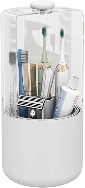 YOOLENS Toothbrush Holder with Cover 360 Rotating 4 Compartments Bathroom Toothpaste Electric Toothbrush Organizer, White