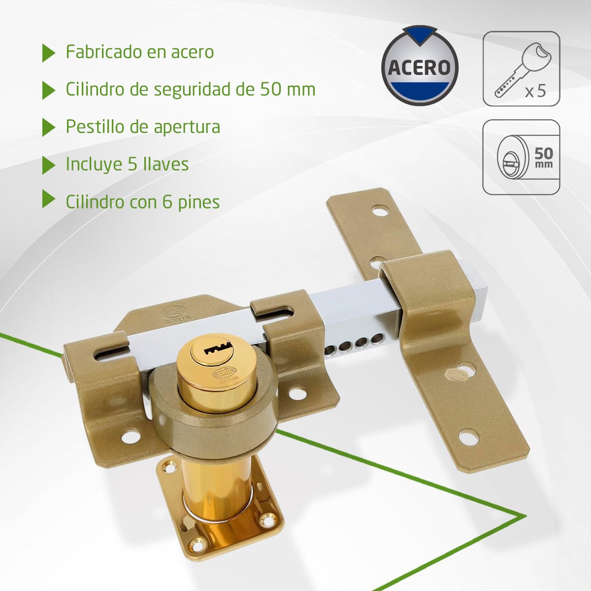 Amig - Cerradura de Sobreponer - 90 x 154 mm - Oro - Cilindro de seguridad de 50 mm y 6 pines - Pestillo de Apertura - Sistema Antibumping y Protección contra Ganzúas