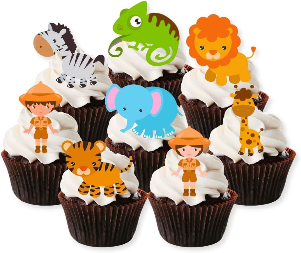 Safari Animal Edible Cupcake Toppers – Cute Jungle Creatures & Explorer Theme Party Cake Decorations – PRECUT 5cm/2 Inch (Pack of 24)