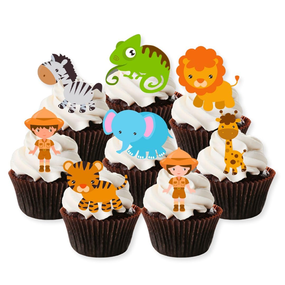 Safari Animal Edible Cupcake Toppers – Cute Jungle Creatures & Explorer Theme Party Cake Decorations – PRECUT 5cm/2 Inch (Pack of 24)