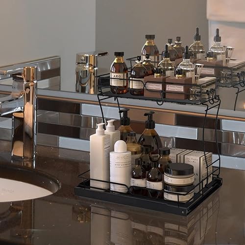 Miniatura 3 de JorJorLer Organizador de armario extraíble de 2 niveles para debajo del fregadero, estante de almacenamiento con cesta de almacenamiento deslizante