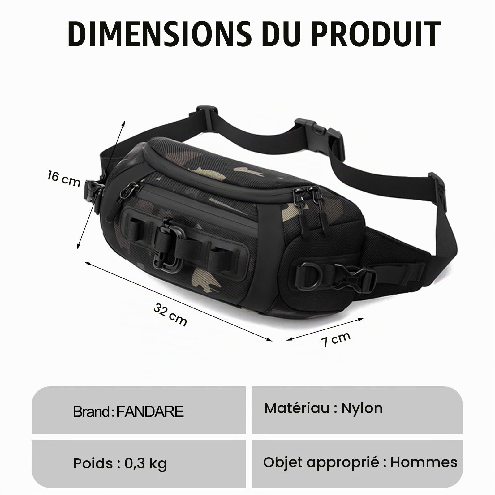FANDARE Sac Banane Multifonctionnel - Poitrine, Sport, Bandoulière, à Dos Porté Travers pour Homme Femme - Randonnée, Ceinture de Course en Nylon - Sacoche Cyclisme, Epaule Camo