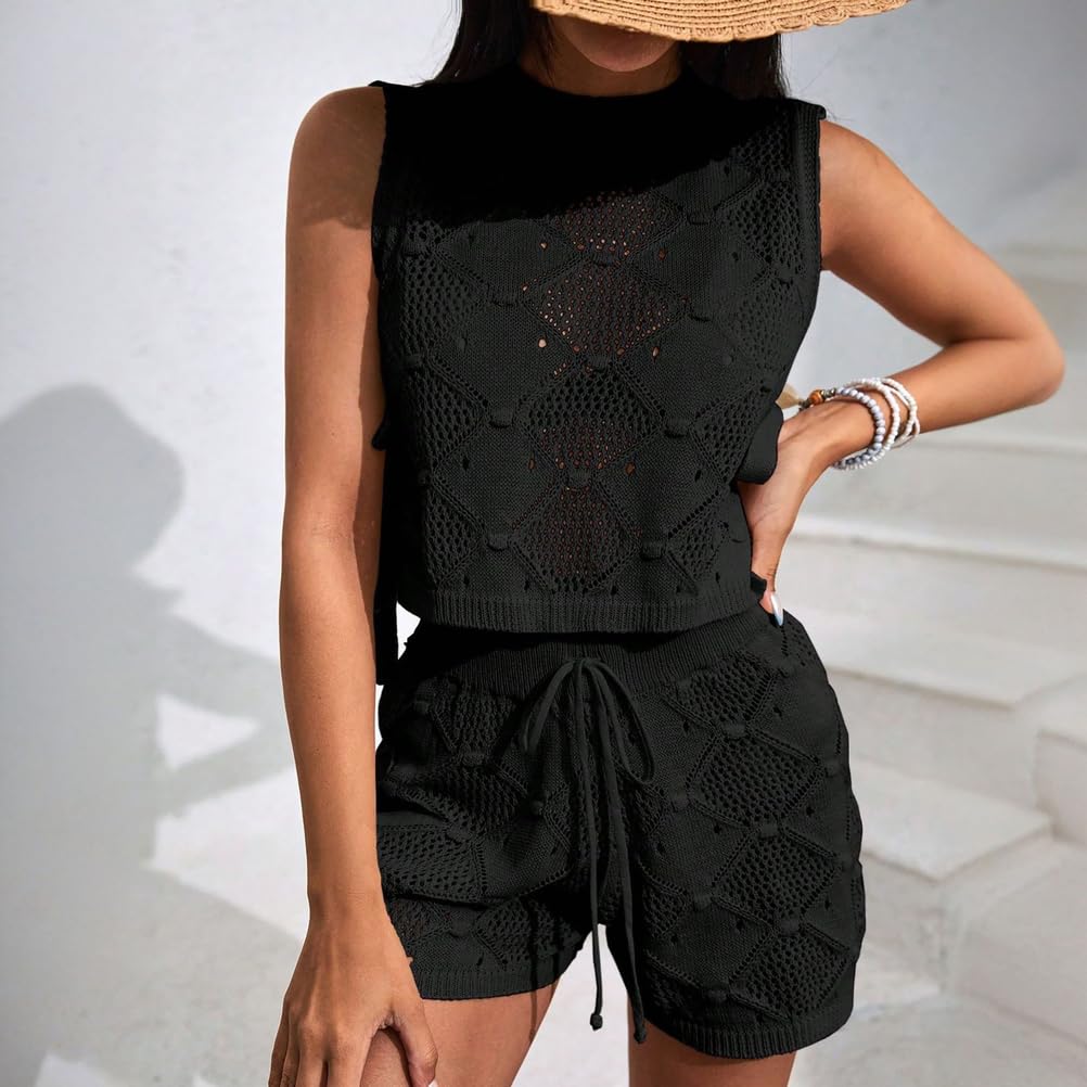 Bikini Estivo Da Donna Copricostume Set Lavorato A Maglia Girocollo Senza Maniche Lacci Laterali E Pantaloncini