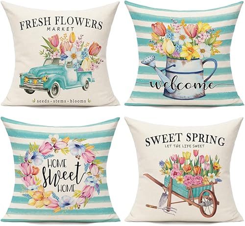 Juego de 4 fundas de almohada de primavera para exteriores de 20 x 20 pulgadas, fundas de cojín decorativas para porche, diseño floral, granja,
