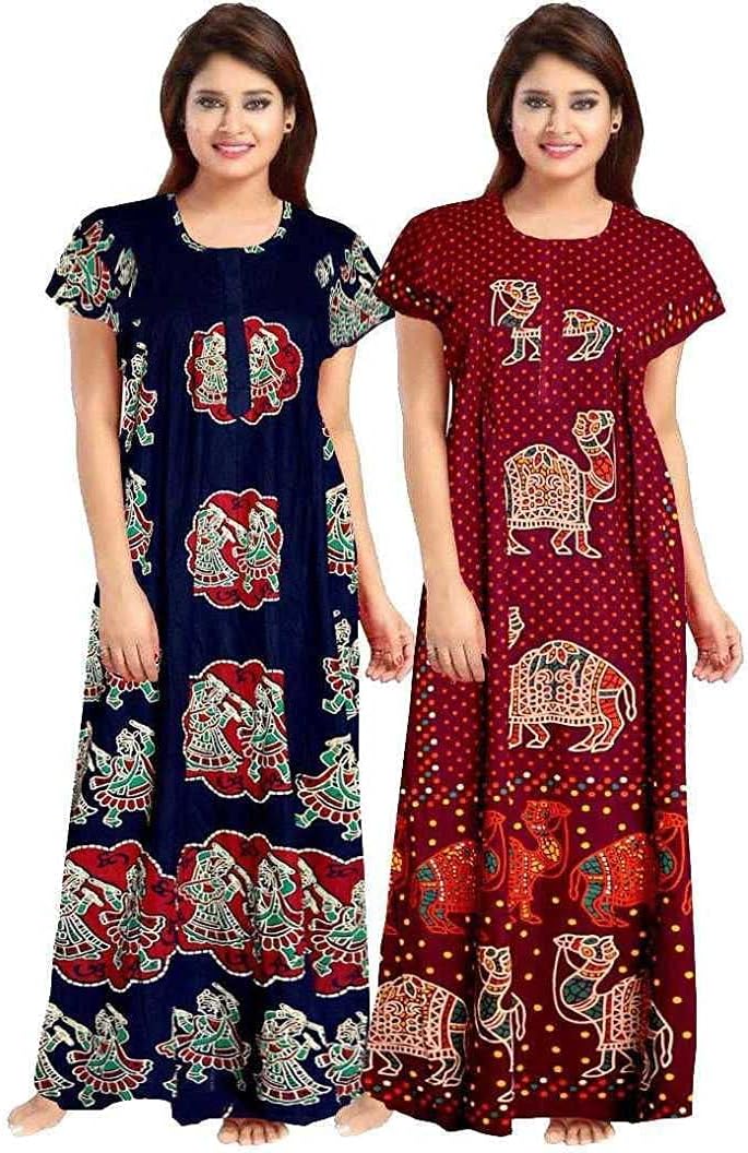 Women's Cotton Printed Maxi Nighty (Pack of 2)