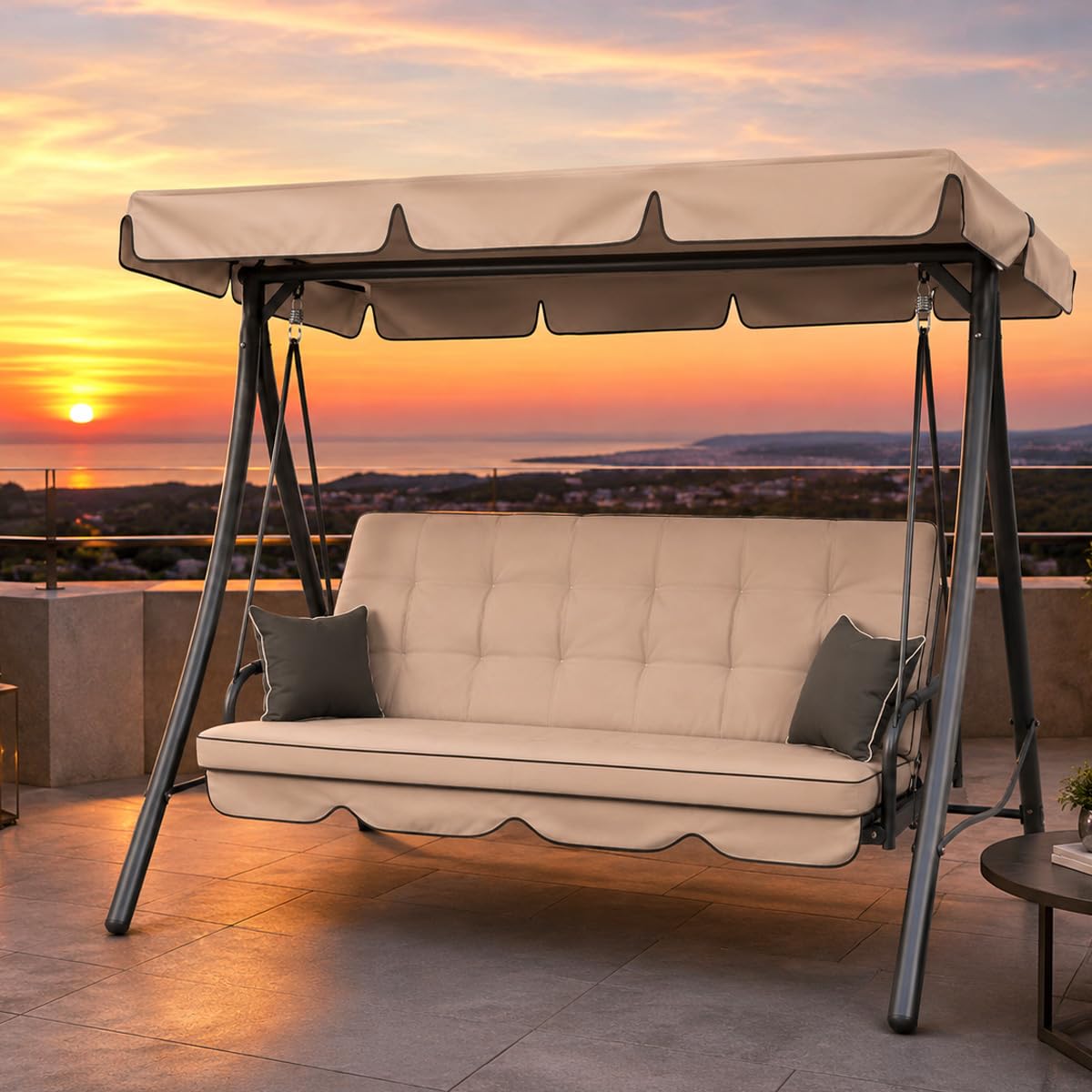 Letto Da Giardino 3 Posti Beige Panama Schienale Reclinabile Tetto Parasole Regolabile Set Cuscini 203 x 115 x 170 cm