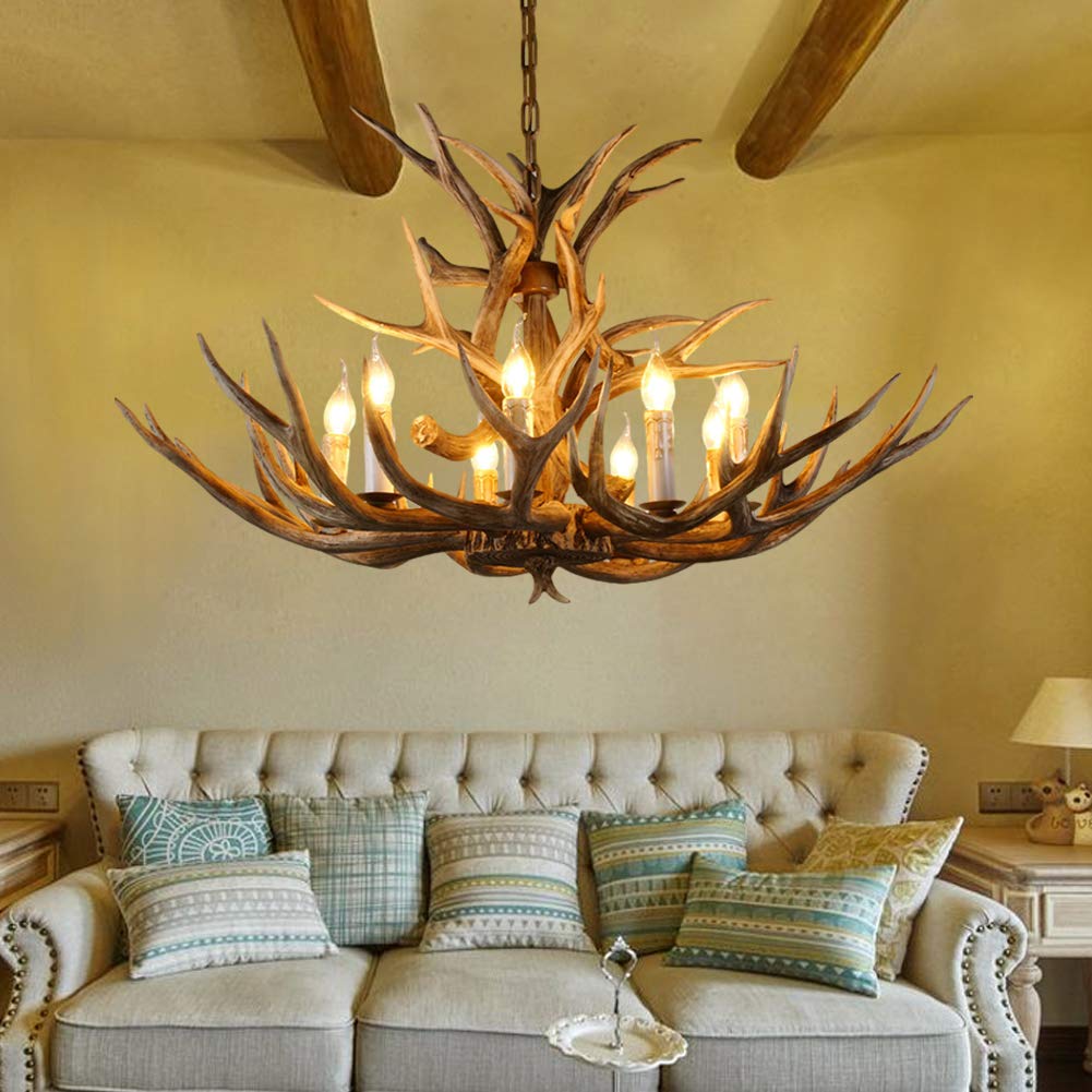 Żyrandol z żywicy z 8 światełkami, lampa wisząca w wiejskim stylu jelenia, duża lampa sufitowa o długości 94 cm (37 cali) z imitacji jelenia, idealna do wiejskiego domu, sypialni, a