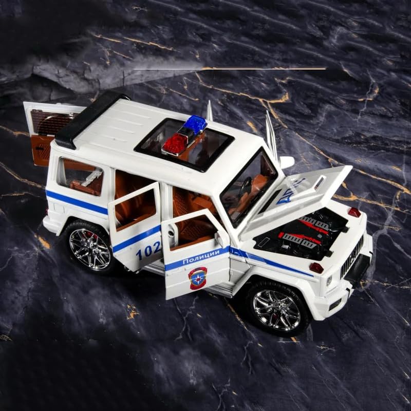 Image of Kids Model 1:24 G Wagon Jeep Police Die Cast Metal Car Pull Back Action Opening Doors with Realistic Engine Sound Lights Toy Car Gift for Boys - White