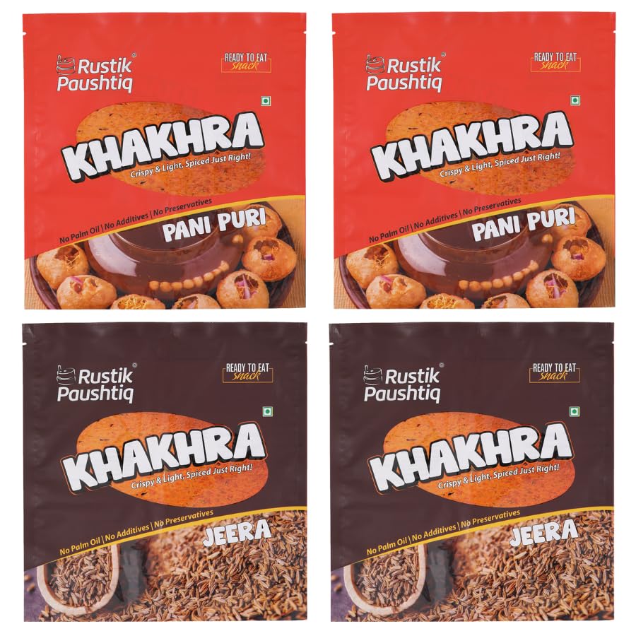Image of RUSTIK PAUSHTIK Baked Khakhra Combo Pack - 200g x 4 Packets | 2 Panipuri & 2 Jeera Flavour | Gujarati Snack | High Fiber Diet Snack | No Palm Oil | Ready to Eat Tea Time Snack | 800g