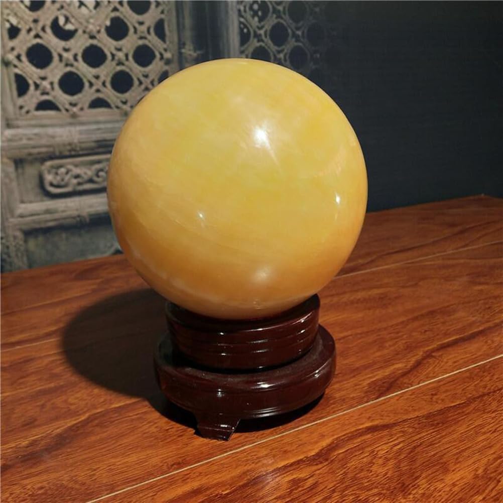 Large Yellow Jade Crystal Ball Beige Topaz Crystals Sphere with Wooden Stand Home Decor for, Feng Shui,4.7"(12cm)