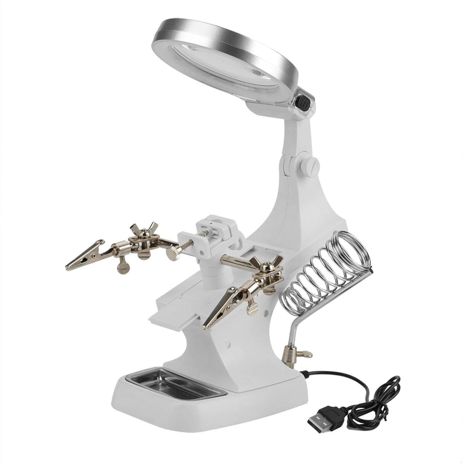 Loupe LED 3X/4,5X Avec Support, Pinces Crocodiles Et Bras Articulé – Station De Soudure Pour Bijoux Et Miniatures – 10 LEDs Blanches