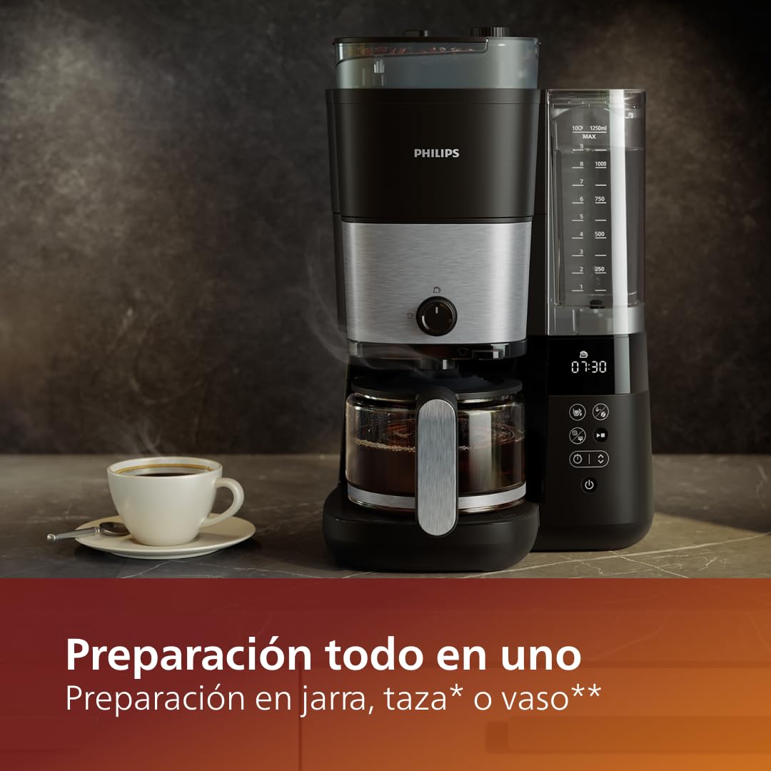 PHILIPS Todo en 1 Cafetera de goteo - molinillo cónico incorporado para granos frescos - preparación en jarra de vidrio de 1,25 L o directamente en taza, selección de intensidad y grosor (HD7900/50)