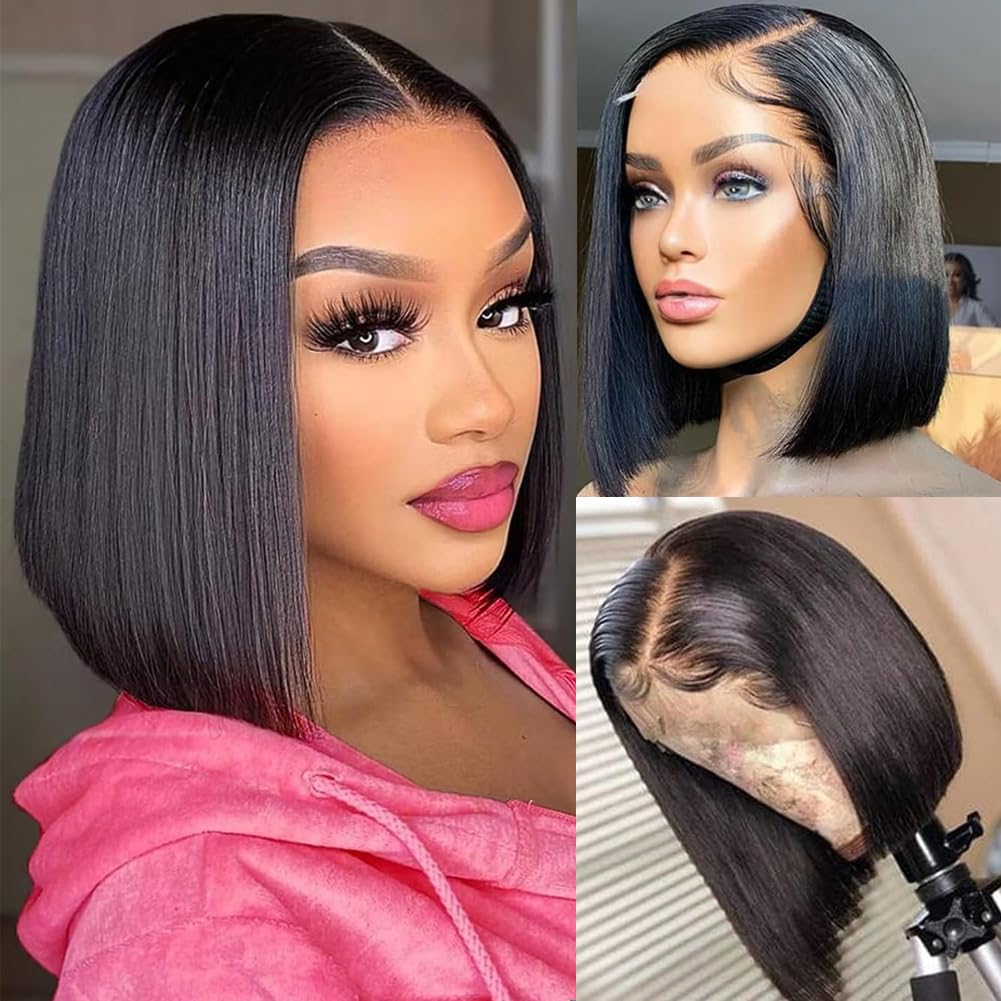 Joericor Short Bob Human Hair Wig, 180% Density, 13x4 Lace Front, Glueless, Pre-Plucked Natural Hairline, Brazilian Real Hair, Transparent Lace Frontal Wig, Black, 10 inches
