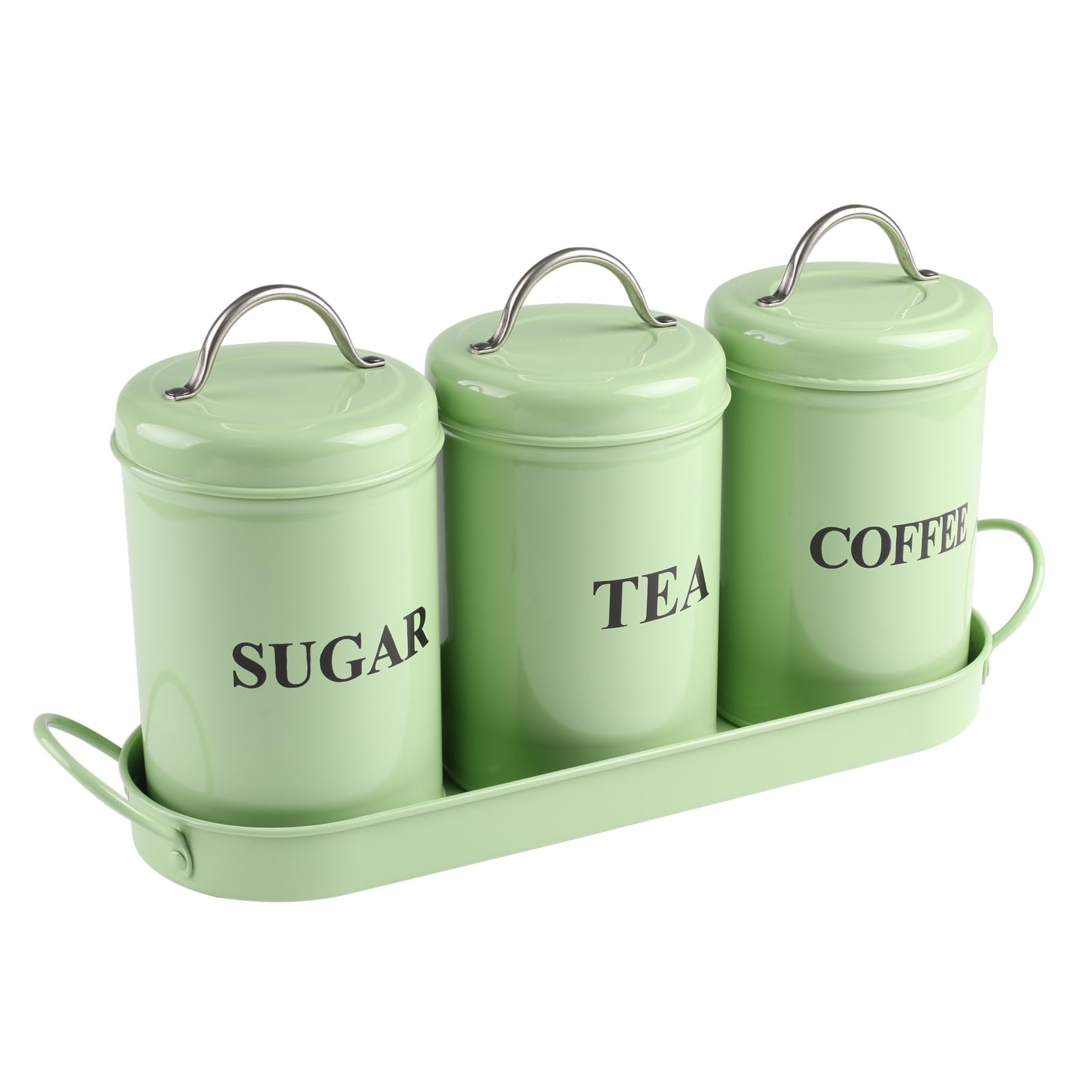 Xbopetda Tea Coffee Sugar Canisters, 3 Piece of Metal Food Storage Tin, Kitchen Canister Set with Metal Tray, Dry Food Storage Containers for Tea Coffee & Sugar-Green — image 1